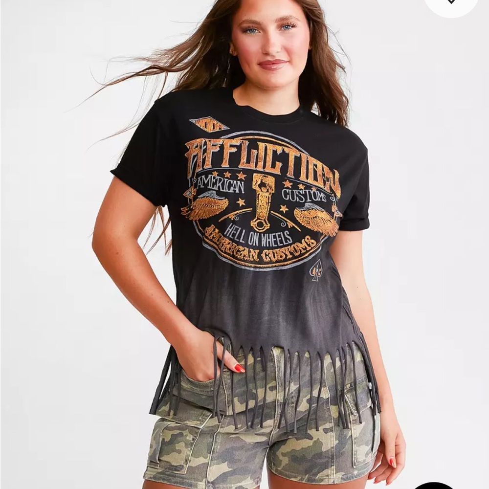 Affliction Black and Gold Graphic Fringe Tee